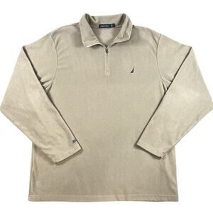 Nautica Mens Large Beige Quarter Zip Fleece Pullover Logo Classic Casual 1/4 Zip